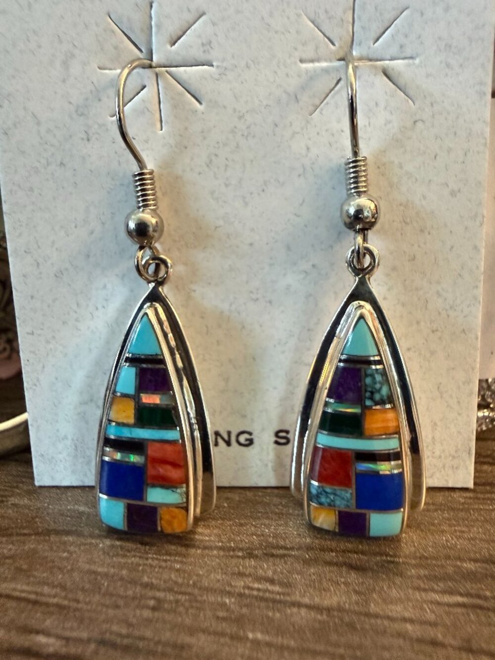 Navajo-style sterling silver multi-stone inlay teardrop earrings